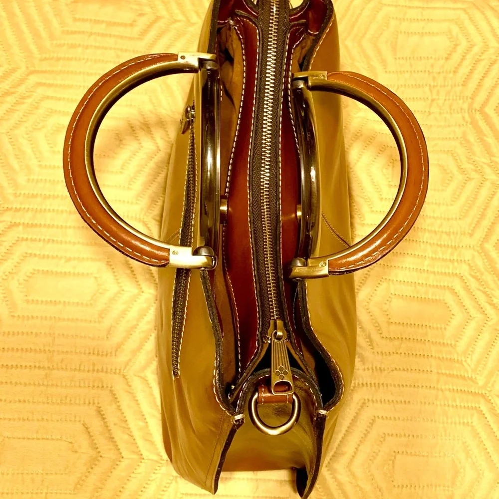 Patricia Nash Saddle Brown Leather Satchel with Gold Ring Handles